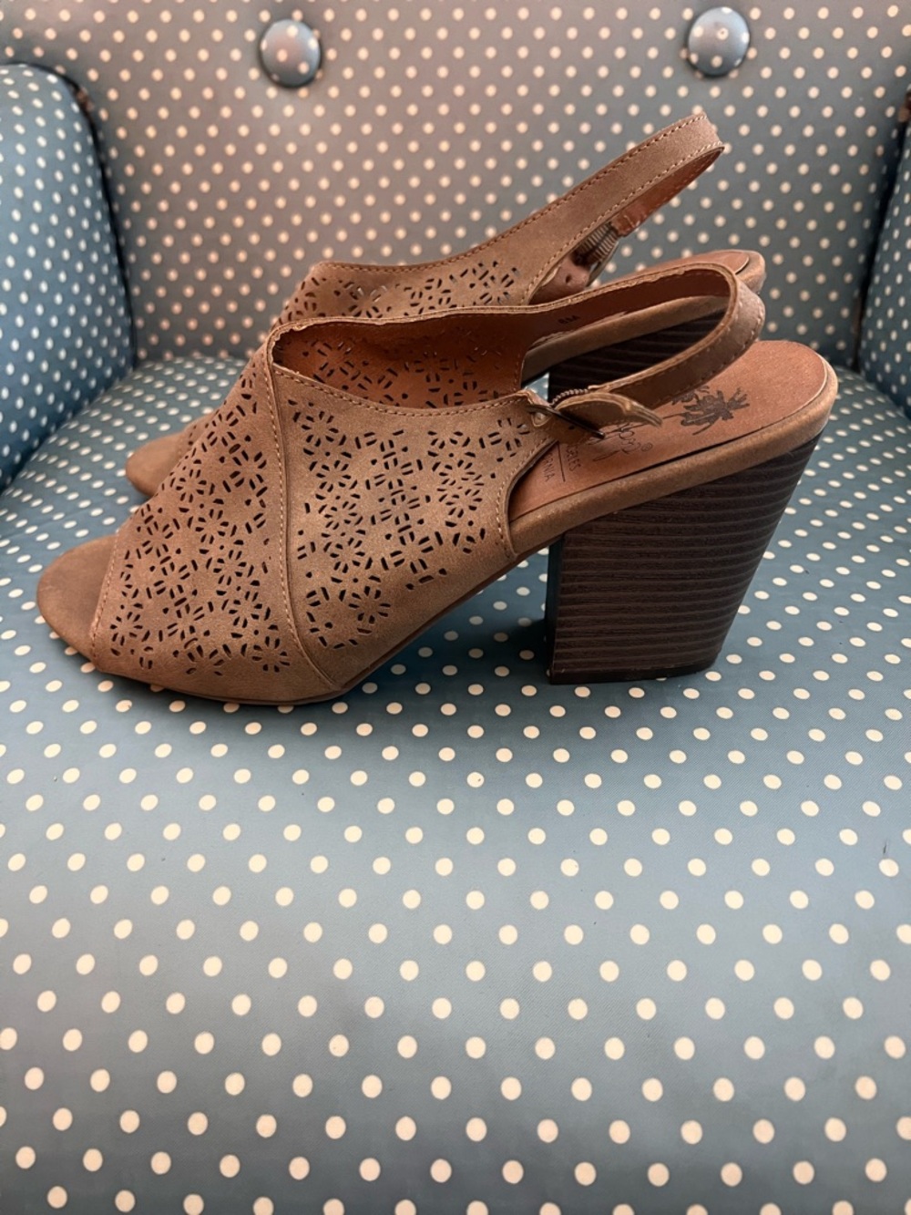 Jellypop Taupe Laser-Cut Peep-Toe Slingback Heels - Picture 3 of 8